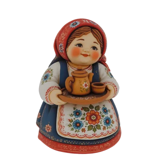 3D model of a traditional Russian woman in folk costume holding a tray with a teapot and cup, with detailed embroidery and fl