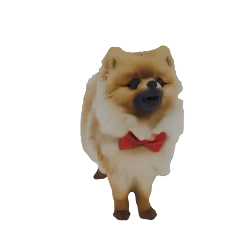 3D model of a fluffy Pomeranian dog wearing a red bowtie, standing and looking forward.