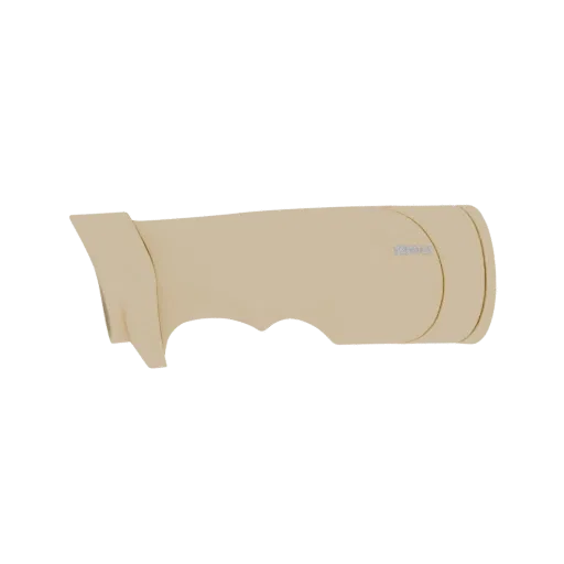 3D model of a modern beige wall-mounted faucet with a single lever handle, presented on a black background.