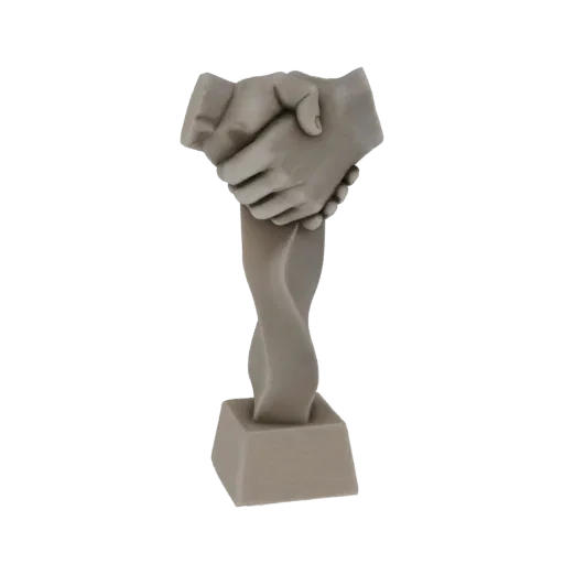 3D model render of a handshake trophy with intertwined hands and a twisted base, symbolizing agreement and partnership.