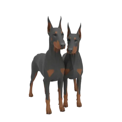 A 3D render of two Doberman Pinscher dogs standing side-by-side against a white background.