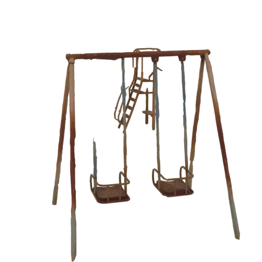 A 3D model of a rusted playground swing set with two swings and a slide, set against a black background.