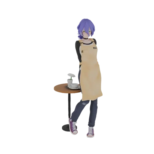 3D model of an anime girl with purple hair wearing a yellow apron and ripped jeans, standing next to a small table with a cup