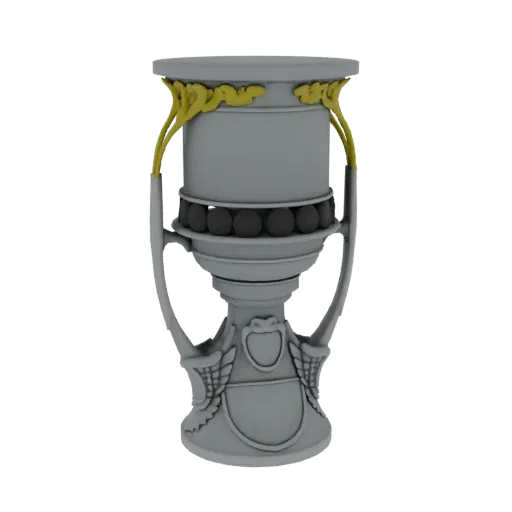 Un rendering 3D di una coppa decorata con elementi decorativi dorati e una base scolpita dettagliata, presentata su uno sfond