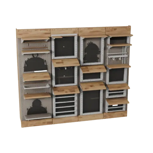 Garage Pegboard Wall High Poly 3D model, close-up studio render, showing steel frames, stable fixtures.