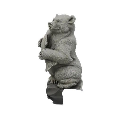 3D model of a grey bear statue holding a fish, seated on a rock.