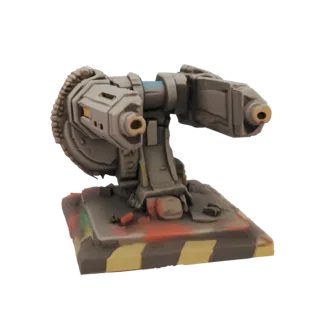 3D model of a heavy autocannon turret with twin barrels and a camouflaged base featuring yellow, black, and red stripes.