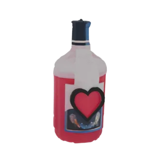 Modelo 3D de una botella de jugo de baya roja con tapón azul oscuro y etiqueta blanca con un corazón rojo y fondo cósmico.