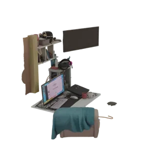 3D-Modell eines modernen Schreibtischs mit Computer, Monitor, Bücherregal und türkisfarbener Decke auf einem Stuhl.