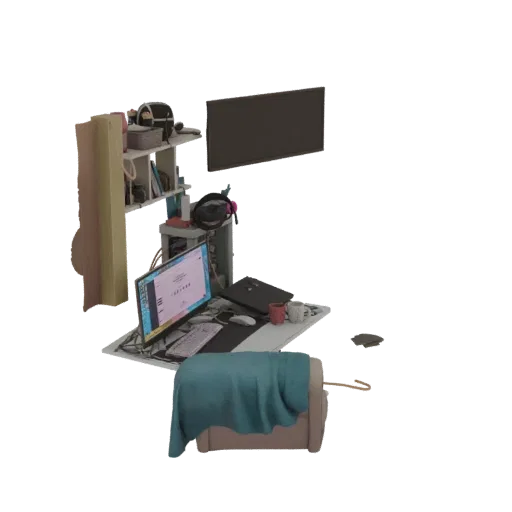 Modello 3D di una postazione scrivania moderna con computer, monitor, libreria e una coperta color petrolio su una sedia.