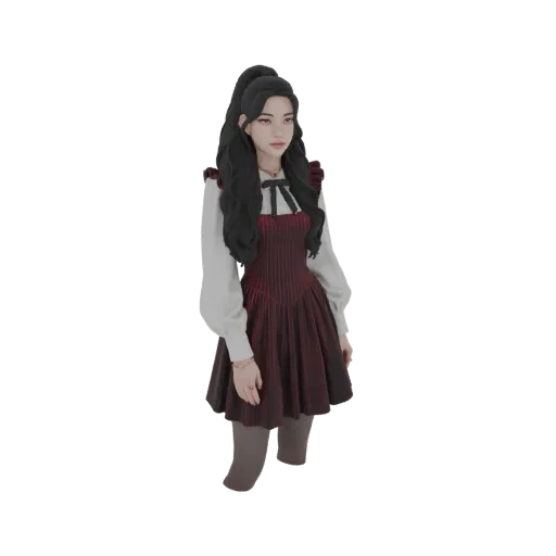 3D model of a young woman wearing a Victorian Gothic doll dress with a white blouse and a red striped skirt.
