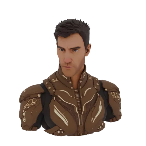 Rendu 3D buste guerrier sci-fi, armure brune et dorée ornée, expression déterminée.