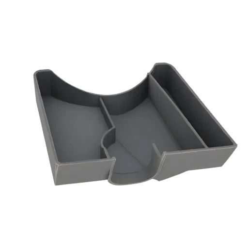 3D model of a modern gray desk organizer tray with multiple compartments for office supplies.
