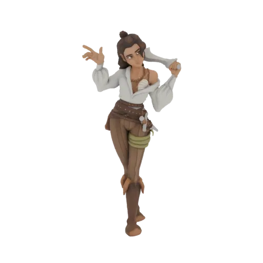 3D model of a female pirate with a white blouse, brown sash, dagger, and green thigh wrap, in a dynamic pose.