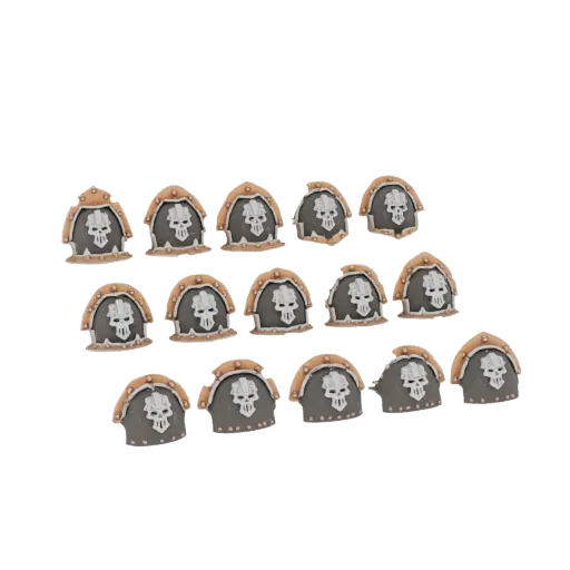 A collection of 3D rendered gothic skull shoulder pads with metallic and dark grey finishes, arranged in rows.