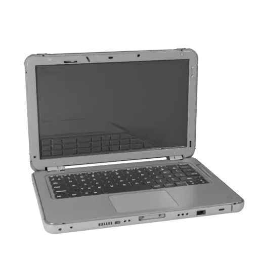 Rugged Tablet Computer 3D model, three-quarter front view, AR viewer studio render, showing brushed metal, form detail.