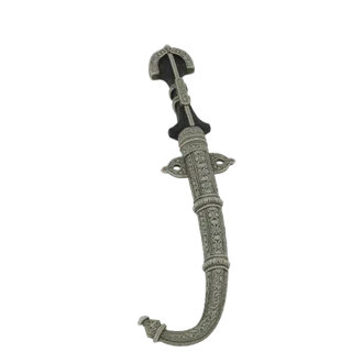 3D model of an ornate Islamic dagger with a curved hilt and detailed carvings, presented against a white background.