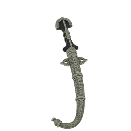 3D model of an ornate Islamic dagger with a curved hilt and detailed carvings, presented against a white background.