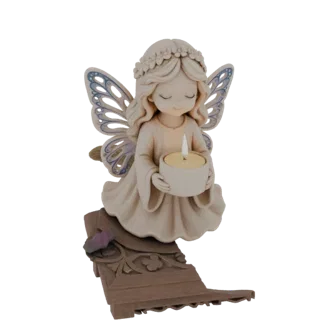 Renderizado de modelo 3D de una figura de ángel serena con ojos cerrados, corona floral, alas con patrón azul, sosteniendo un