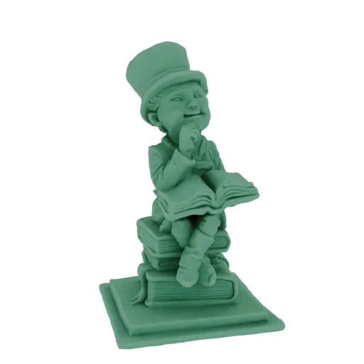 Render del modello 3D di una statuetta verde di un ragazzo con cilindro, seduto su una pila di libri e che legge.