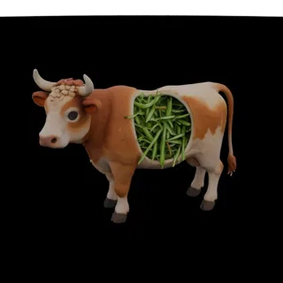 3D cow model with cutaway side filled with green silage, on black background