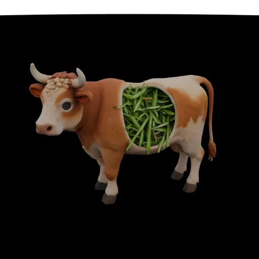 3D cow model with cutaway side filled with green silage, on black background