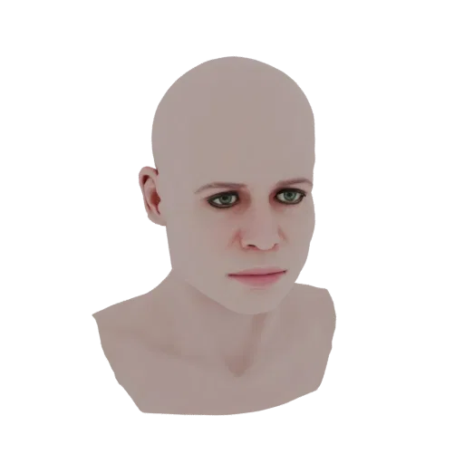 3D render of a bald female head bust with green eyes and a neutral expression, set against a black background.