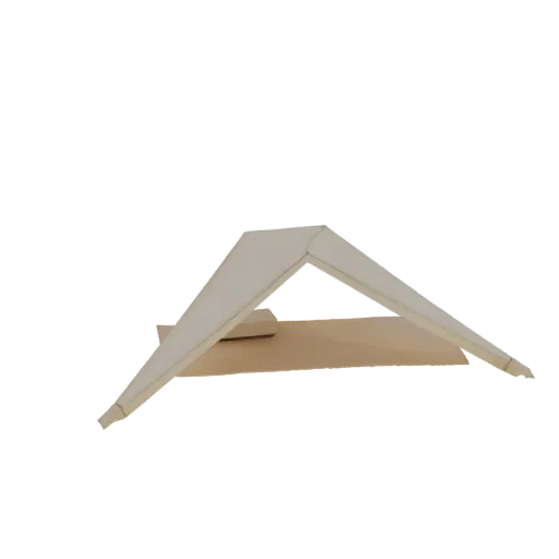A 3D render of a minimalist geometric roof structure with clean lines and a light-colored finish, set against a black backgro