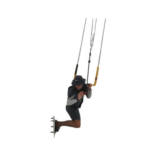 3D model of a kitesurfer in a dynamic pose, wearing a wetsuit and holding a kite control bar.