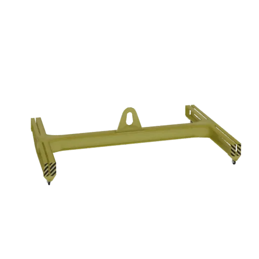 3D model of a yellow industrial lifting beam with black and yellow hazard stripes on the ends.