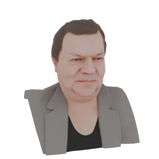 3D-Modell-Rendering eines Mannes mit braunen Haaren, der einen grauen Blazer und ein schwarzes T-Shirt trägt und leicht zur S