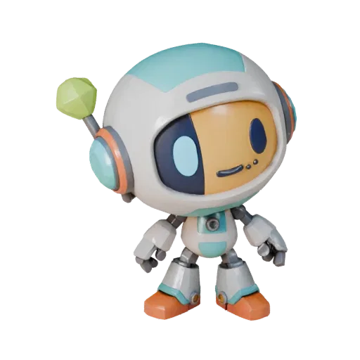 Robot Style Mascot low poly 3D model preview showing pose, three-quarter game view, expression and smooth toy surfaces
