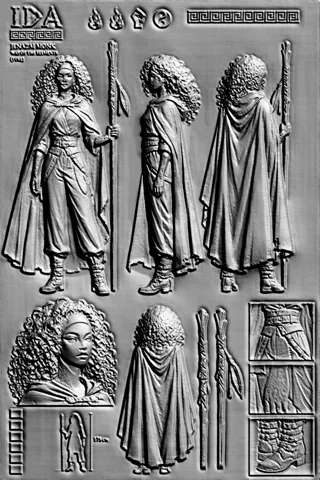 Modelo 3D baixo-relevo de Ida Jenai Monk, vestida de monja e segurando um cajado, com cabelos cacheados e volumosos.