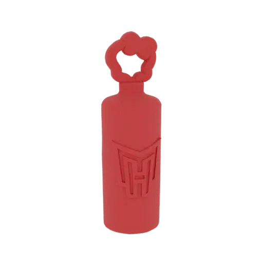 A red 3D model of a bottle cap opener shaped like a Monster High water bottle with an embossed logo.