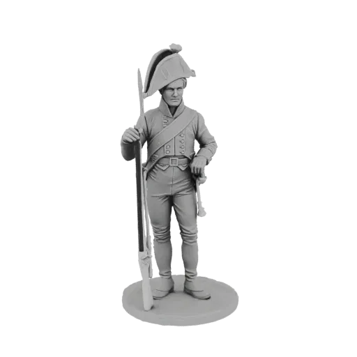 3D model of an 18th-century soldier standing at attention, holding a musket, wearing a tricorn hat and uniform.