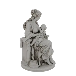 Modelo 3D de una estatua clásica similar al mármol de una madre amamantando a su bebé, con detalles de vestimenta y expresion
