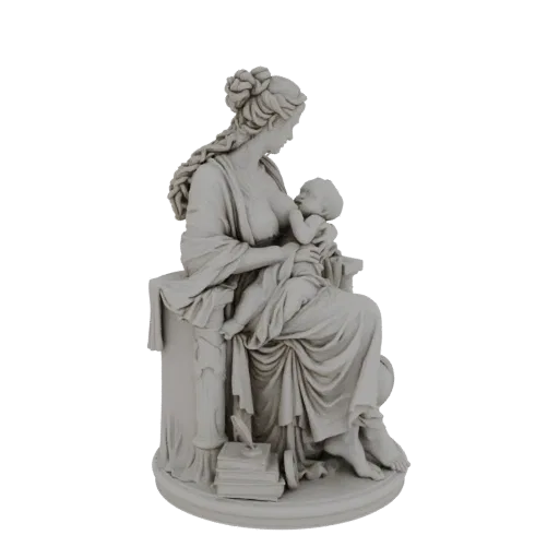 3D model of a classical marble-like statue of a mother breastfeeding her baby, with detailed drapery and serene expressions.