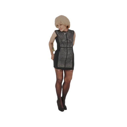 3D model of a woman wearing a black dress with patterned panels and black stockings, posed with hands behind her back.