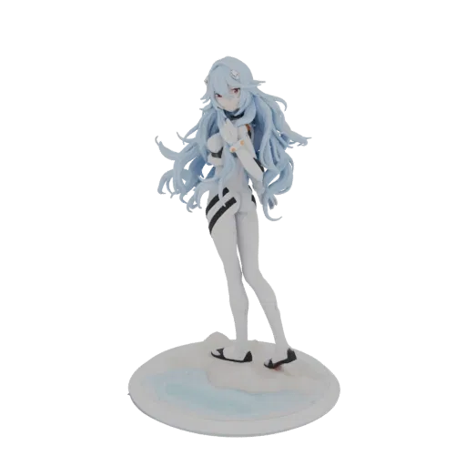 3D model of Rei Ayanami in a white plugsuit with blue hair, standing on a circular base with blue water detail.