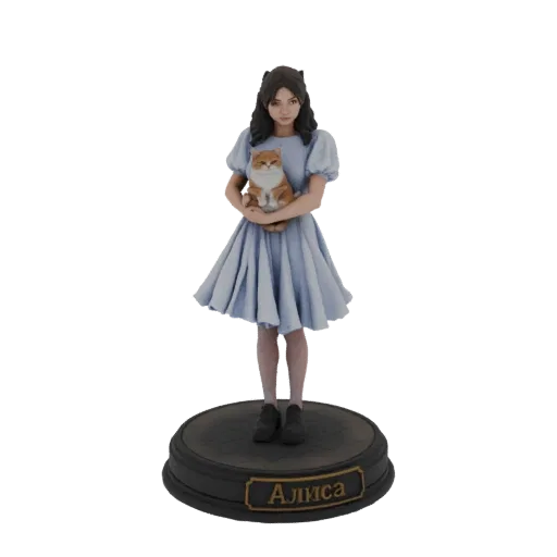 3D model of Alice in a blue dress holding a ginger cat, standing on a decorative base with her name.