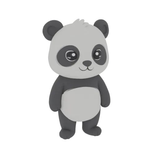 Un rendering 3D di un panda carino e cartoonesco in piedi con grandi occhi e un sorriso amichevole, isolato su uno sfondo bia