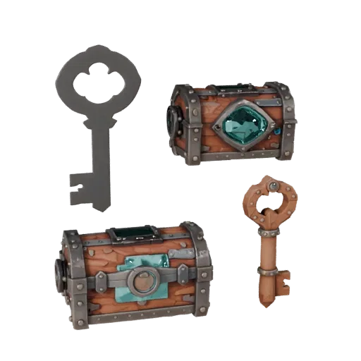 Fantasy Loot Key Low Poly 3D model, game viewport three-quarter view, showing aged wood, clear pickup silhouette.