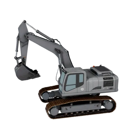 Modello 3D Escavatore Stradale, vista di profilo, rendering tecnico, mostra acciaio verniciato, dettaglio forma.
