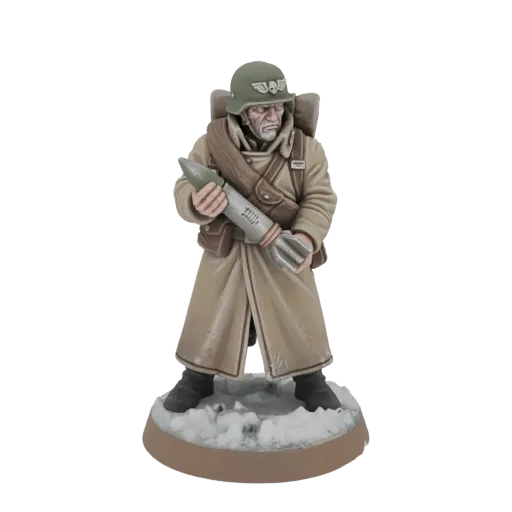 3D model of a grim Imperial Guard soldier in a tan coat and green helmet, holding a rocket launcher, standing on a snowy base