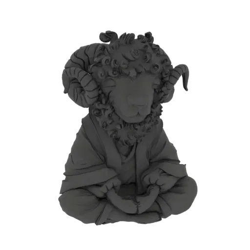Modelo 3D de un carnero con grandes cuernos rizados sentado en pose meditativa de loto, vistiendo una túnica, con los ojos ce