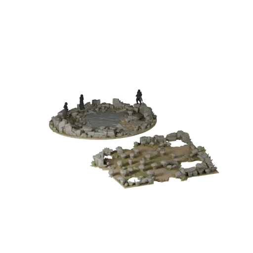 Ruined Scenic Base low poly 3D model preview showing rim shape, three-quarter game view, height and ground texture