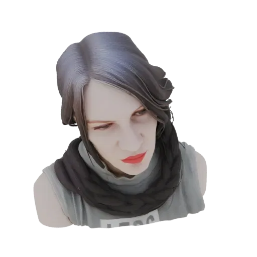 3D render of a young woman's bust with dark braided hair, red lipstick, and a grey top, viewed from a high angle.