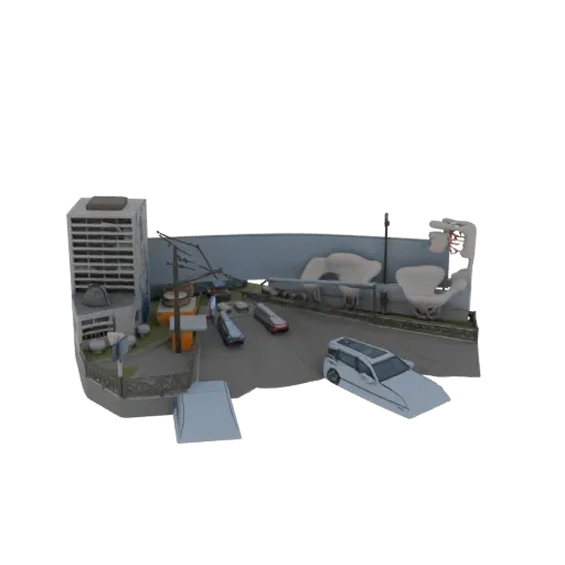 3D render of a futuristic cityscape diorama with a tall building, road, cars, and abstract sculptures against a white backgro