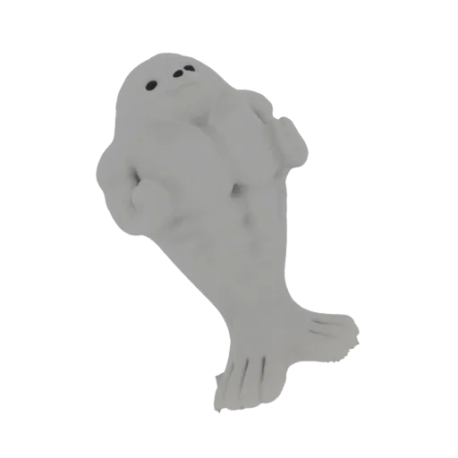 Una renderización 3D de una foca bebé adorable, de color gris claro con ojos negros, posada juguetonamente sobre un fondo bla