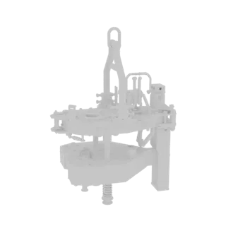 Modèle 3D d'un mécanisme industriel de levage et rotation avec engrenages, hydraulique et plateforme rotative, rendu en blanc